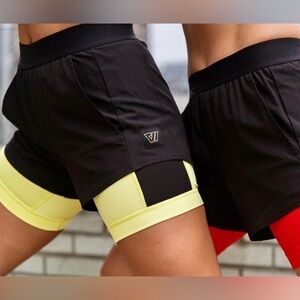 WOLACO Running Shorts - Black with Neon Yellow Compression Short - Size M